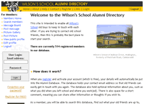 Screen shots of the Wilson's School Alumni Directory implementation of justalumni